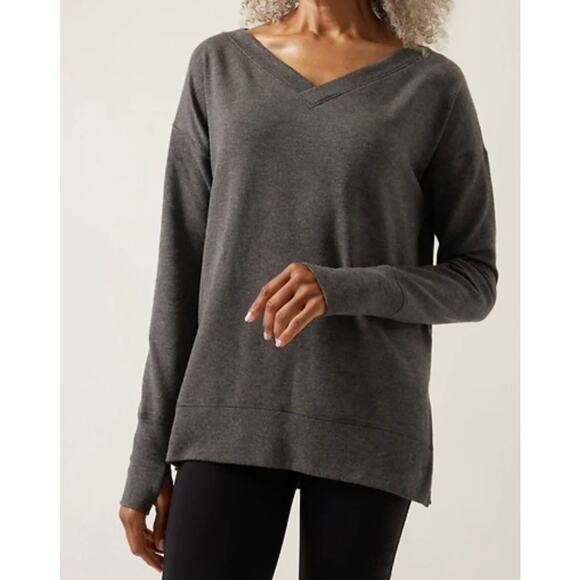 Athleta Coaster Luxe V-Neck Pullover Sweatshirt Charcoal Gray Heather Fleece L - Picture 1 of 13